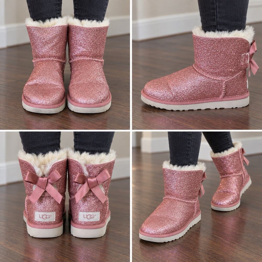 UGG Mini Bailey Bow Sparkle Boots Womens 5 Pink Glitter Sheepskin 1100053